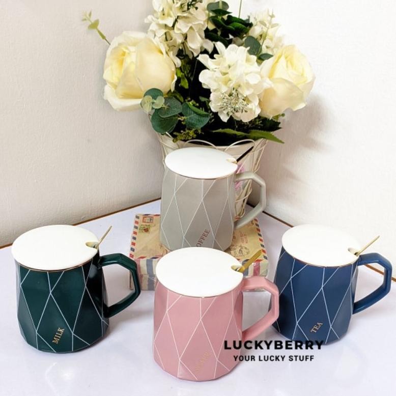 Terlaris Mug Keramik + Tutup + Sendok Polos Elegant NK540 Terbaru
