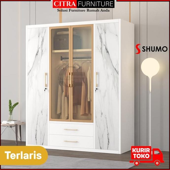 Promo SHUMO Lemari Pakaian Besi 4 Pintu Extra Large Ayun Swing Minimalis Lampu LED | Lemari Baju Ant