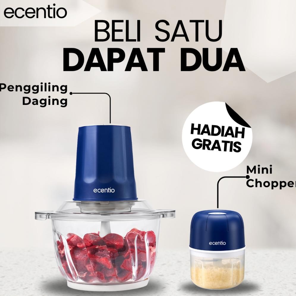 ecentio Penggiling Daging Listrik 2L Besar Kaca 6 Pisau Food Processor 2 Kecepatan Giling Daging & B