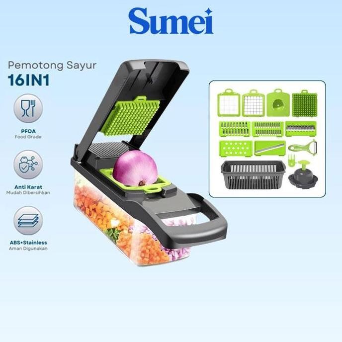 Sumei Parutan Sayur & Buah 16 in 1 Vegetable Cutter Premium Stainless Steel, Alat Potong Serbaguna M
