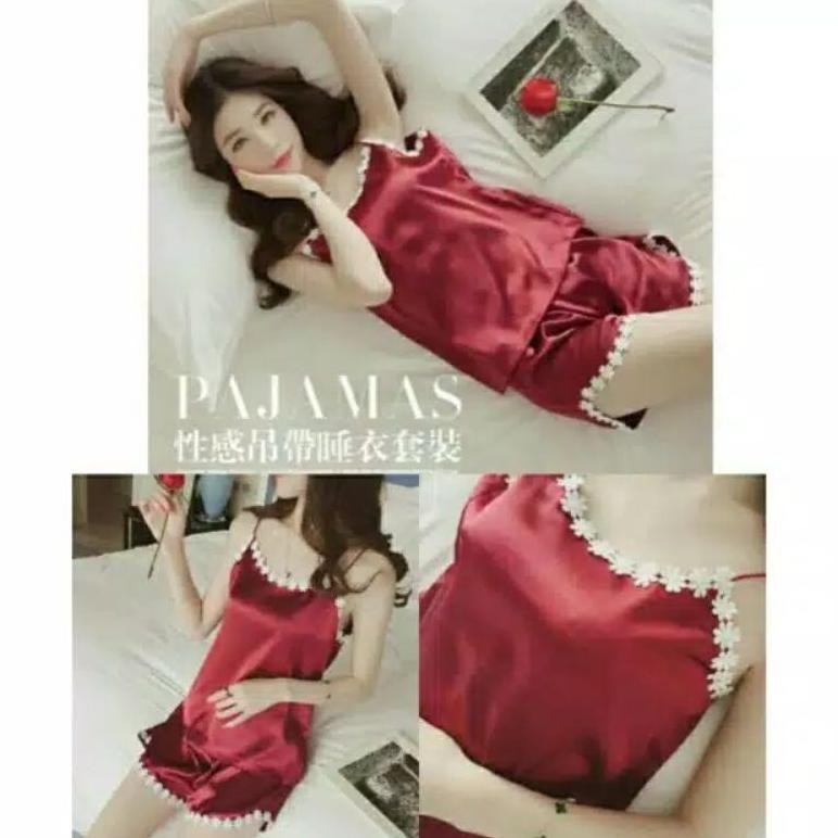 [ RedPink ] Stelan Piyama Pajamas Sleepwear Night Sweet Women Dewasa Sexy Fit Tanktop Singlet Deep B
