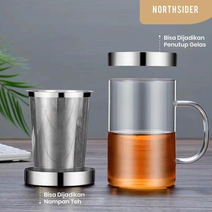 Gelas Cangkir Teh Kaca 400Ml Saringan Dan Tutup Stainless Steel