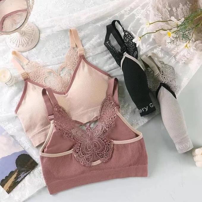Bra Wanita Set Motif Kupu Tanpa Kawat Pakaian Dalam Bh Setelan With Busa 081