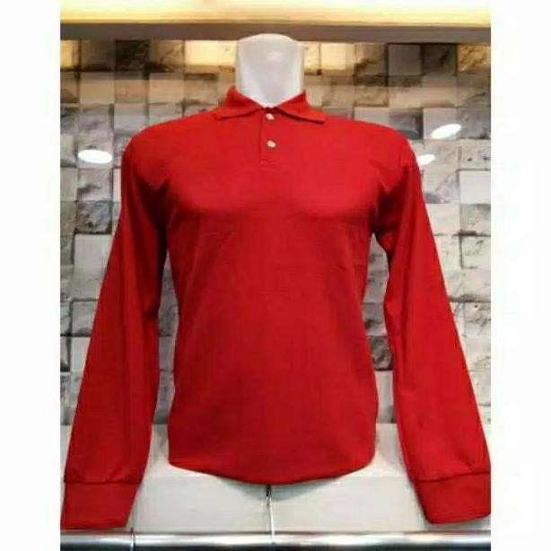 DE9 >> Kaos kerah Lengan Panjang merah polos dewasa#kerah pria/wanita