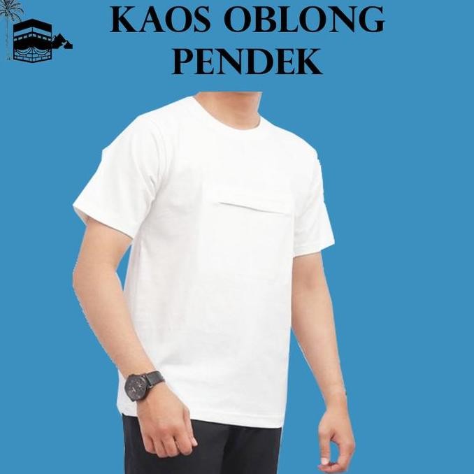DE7 - Kaos Oblong Pendek Haji Umroh Kantong Depan Ardha Exclusive Putih Polos Pria Baju  Katun Dewas