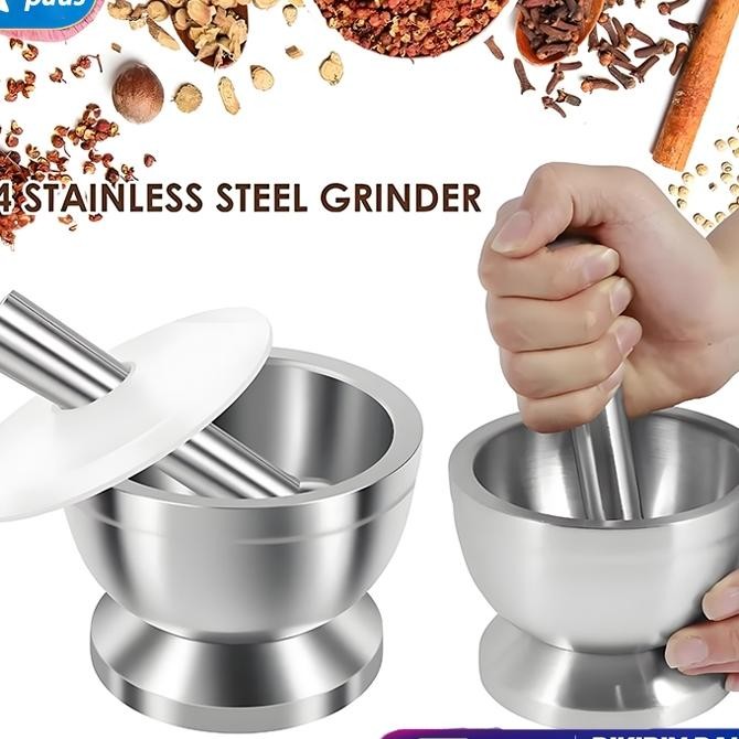 Cobek Stainless Ulekan Stainless Tumbukan Bumbu Dapur Dengan Tutup Mortar Pestle Tumbukan Bumbu Stai