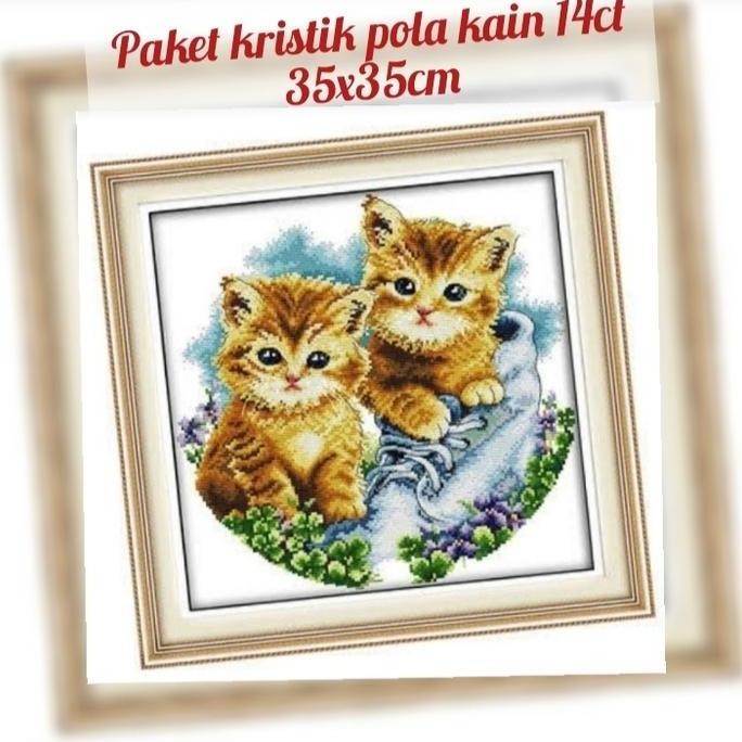 paket kristik dua kucing di sepatu pola kain cat cross stitch sulam 14