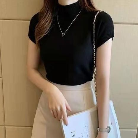 TELLY 132 Kaos Atasan Rajut Kerah Tinggi Panjang Knitwear Crop Top Wanita Baju Pendek