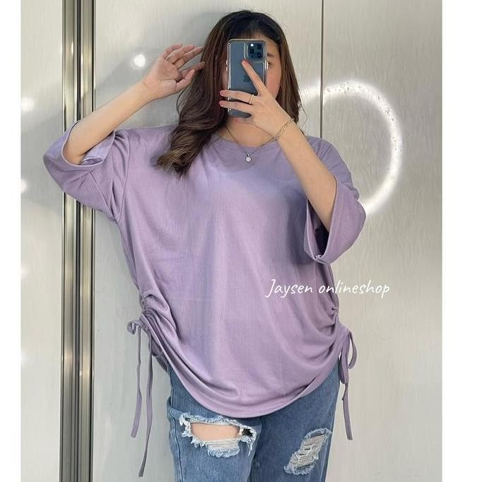 Atasan kaos knit rib Serut kanan kiri LD130cm Atasan wanita jumbo Blouse Serut dua Basic oversize ba