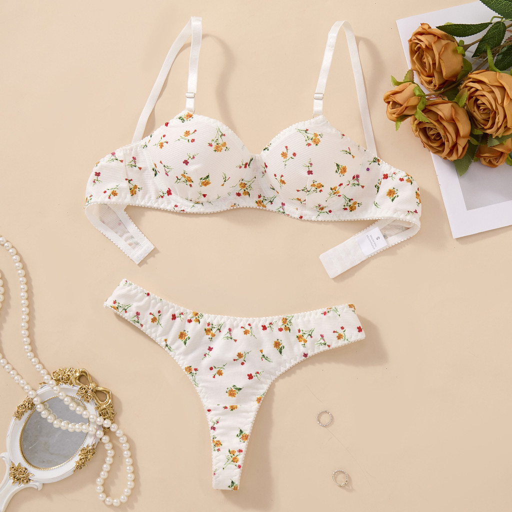 【COD】Set Bra Push-Up Nyaman, Lucu, Seksi, dan Bermotif Bunga Putih