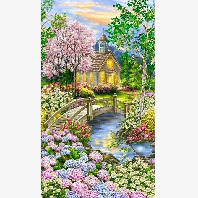 Paket kristik rumah dan bunga pink ungu full cross stitch 14ct kit