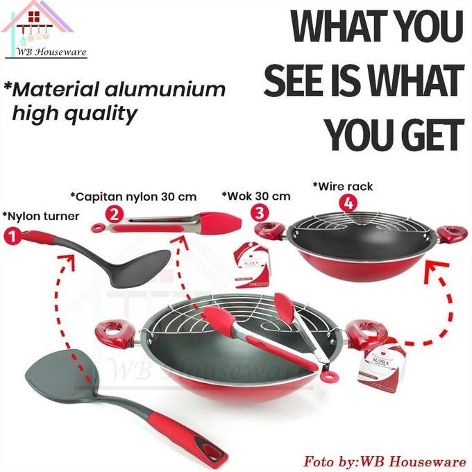Wajan Tempura / Wajan Set Aluminium Teflon / Wok Set 30Cm Supra - Merah