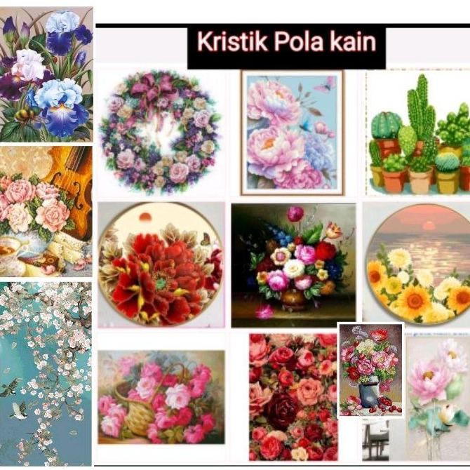 Paket kristik bunga matahari mawar anggrek daisy lavender kaktus pola kain cross stitch