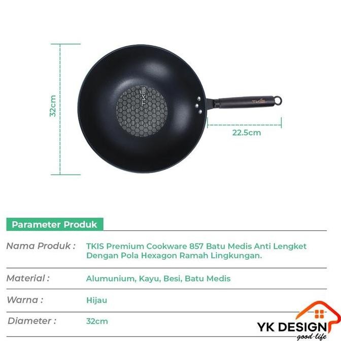 Yk Design Panci Wajan Penggorengan Anti Lengket Wokpan 32Cm Wajan Hijau Dengan Tutup Premium Yk-857+