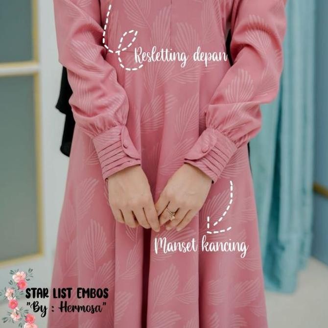 [Gamis Hermosa] Gamis Embos Hermosa Motif Daun Warna Pink-Gamis Dusty Pink- Kerah Muslim Dress Bunga