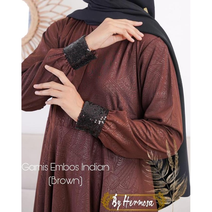 [Gamis Hermosa] Gamis Hermosa Embos Motif Indian Manset Squin Coklat Tua-Gamis Coklat Tua Syari Wolf