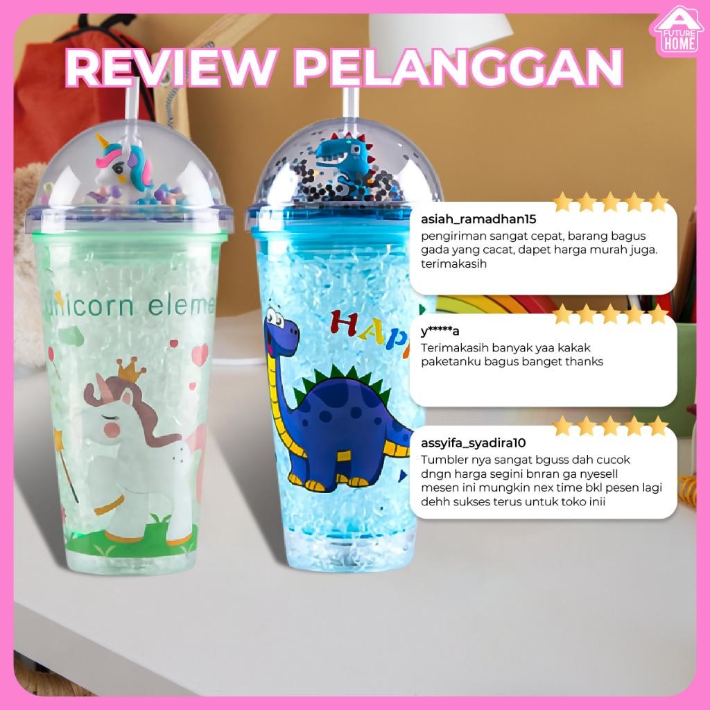 Botol Minum Tumbler Gel Glitter Berkarakter Sedotan
