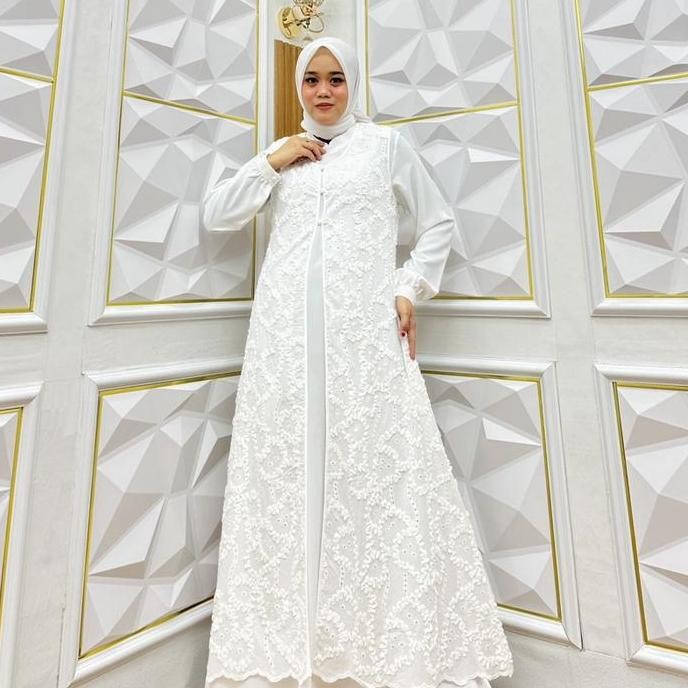 Gamis Putih Tulang Model Bukaan Terbaru Broken White Cantik Elegan Busana Muslim Lebaran Polos Putih