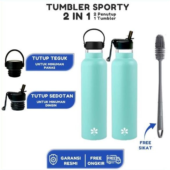 1Tumbler2 Penutup-Botol Minum 1 Liter Tumbler Stainless Vacuum Termos Tahan Panas Dingin 24 Jam