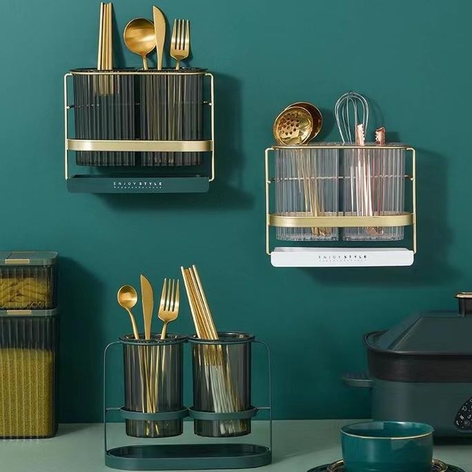 Rak Tempat Sendok Garpu Stainless Gold/ Rak Gantung Setbaguna Tempel Dinding Peralatan Dapur