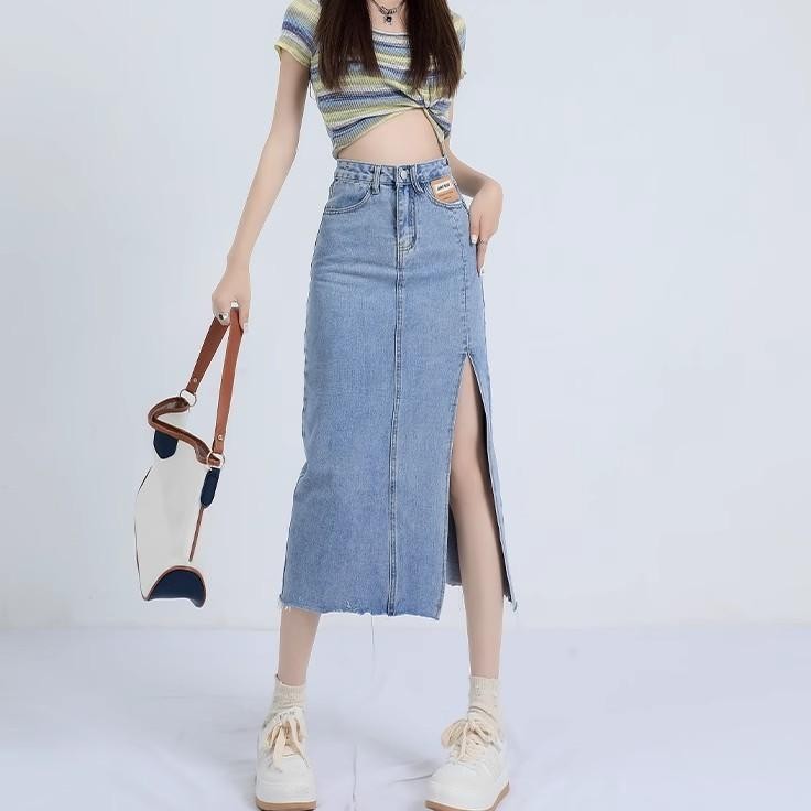 Elegan.Girl Rok Korean Style Jumbo Rok Jeans Wanita Panjang Rok Denim Robek Hitam Skirt Kekinian Ove