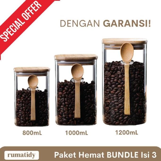 (FULLSET) KEMI Toples Kaca FREE SENDOK KAYU dengan Tutup Kayu