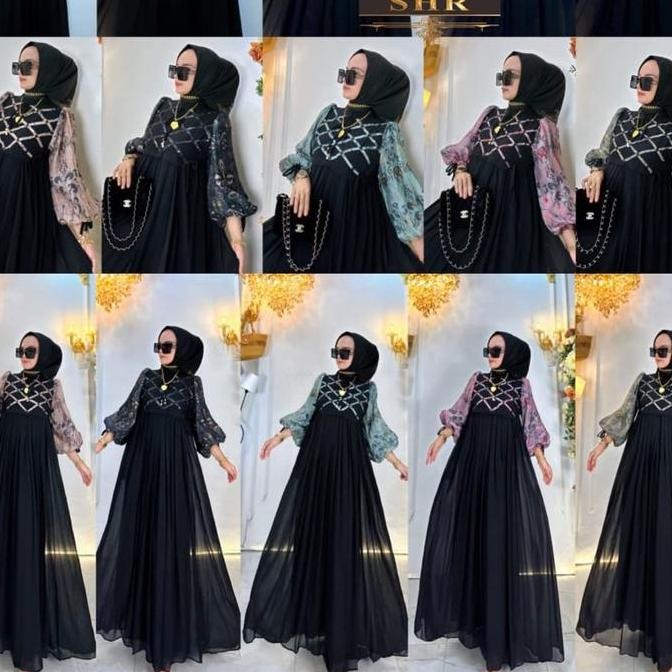 New Shr Maxi Dress Silang Dada Ceruty Full Puring Mix Organza Ori Shr 100% Gamis