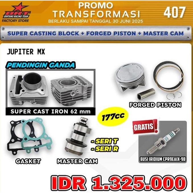 Promo Promo 407 Paket Bore Up BRT Blok GEN 3 Piston Noken as Yamaha Jupiter Mx / Vixion Old / R15 CO