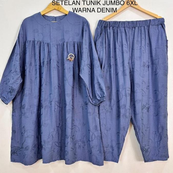 Setelan Tunik Super Jumbo Ld 150 Cm Bahan Polo Linen Bordir Koleksi Terbaru Fit To 6Xl Celana Melar