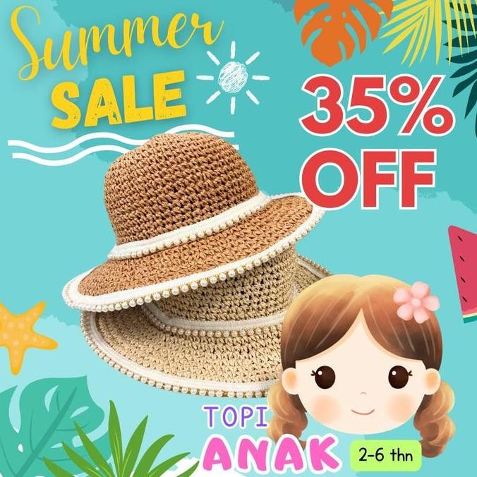 Premium Topi Jerami Anak Kecil / Topi Bucket Anak Lucu Mutiara Cantik Import Promo