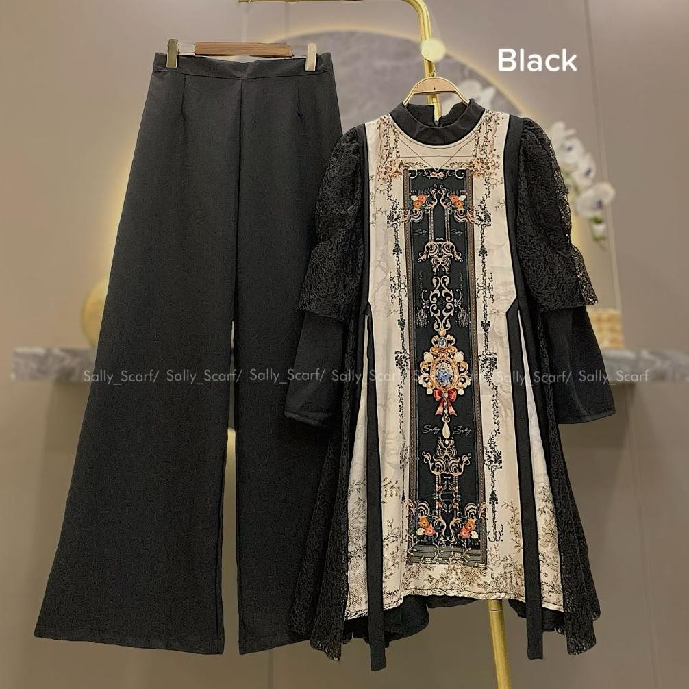 Sally Scarf- zivara Tunik setelan celana printing mix brukat lace /one set basic daily