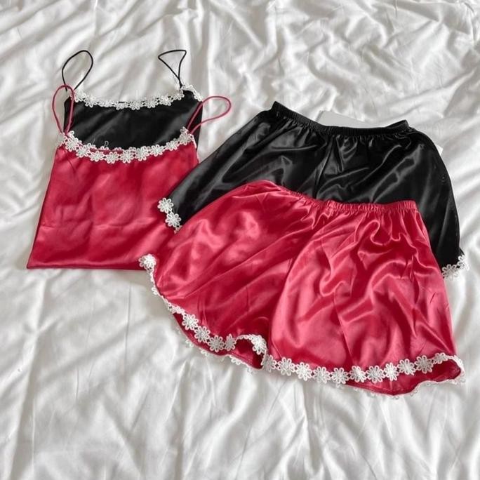 Set Satin Baju Tidur Wanita Tank Top Camisole + Celana Piyama Wanita 4020