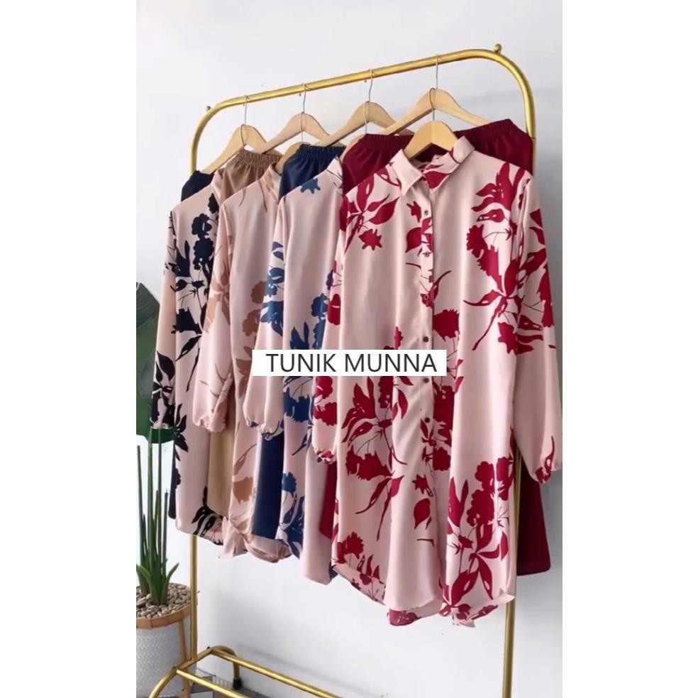 MUNNA TUNIK SET CELANA Setelan Tunik Wanita Motif Bunga Panjang Muslim