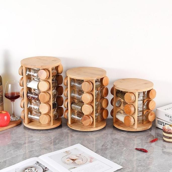 [MS] Rak Kayu dan Botol Bumbu kaca Dapur Rak Putar Bumbu Spice Carouse BS