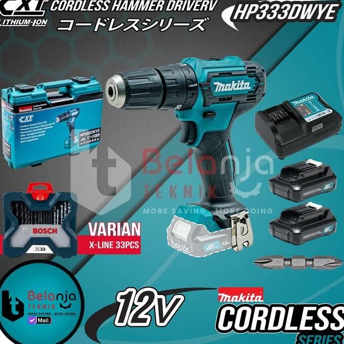 IKKAKU- Makita Mesin Bor Baterai HP333 DWYE Hammer Drill 12V Cordless Series HP 333 dengan 33 PCS Al