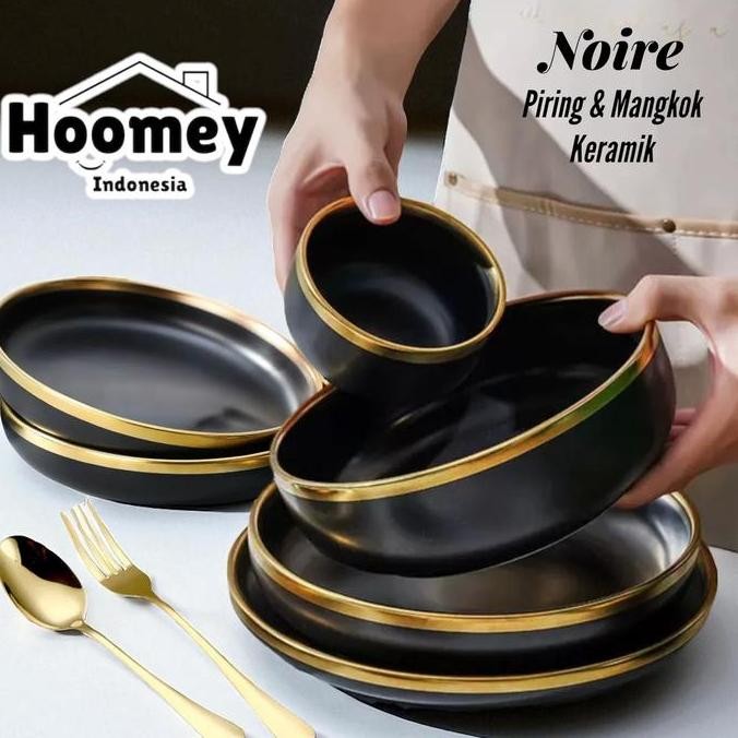 Noire Piring Makan Keramik Hitam Emas Mangkok Piring Saji Sultan Hoomey
