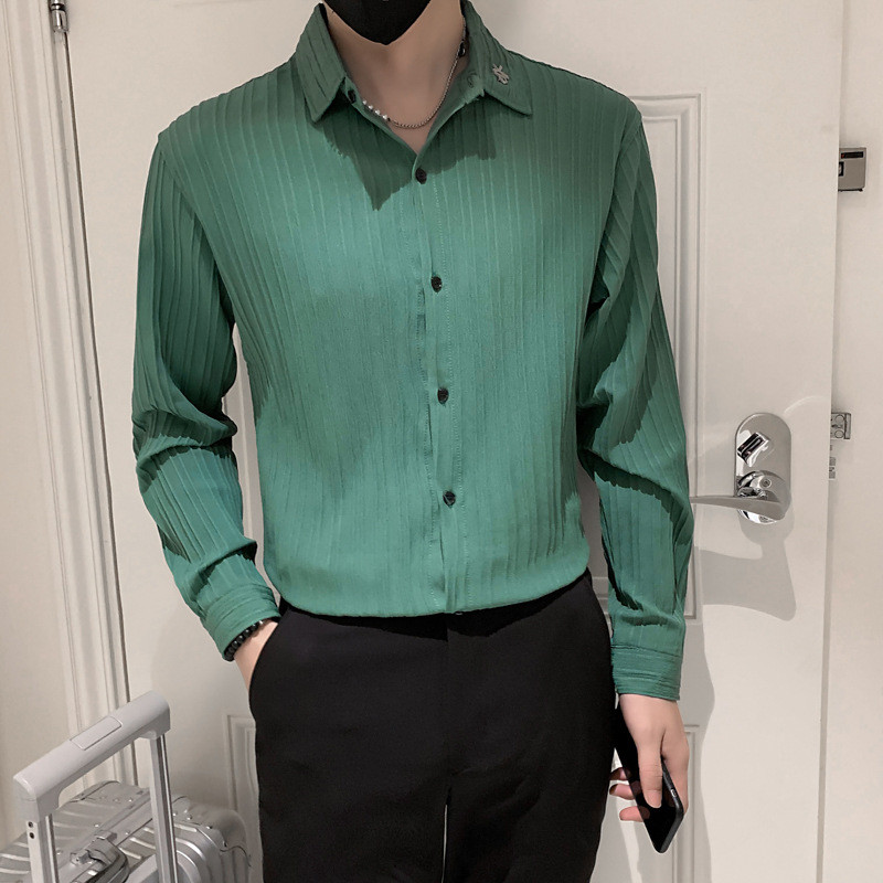 Kemeja | Kemeja Lengan Panjang Pria Bergaris Bisnis | Atasan Slim Fit Desain Pria