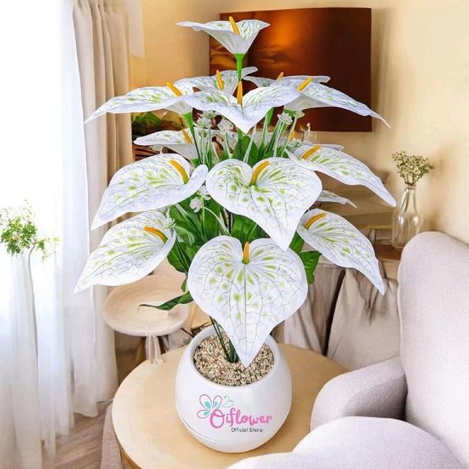 DF380>> Bunga Hias Anthurium PANDA 18.Kuntum Satu Set Dengan Vas/Pot Super Bola Plastik Hiasan Dekor