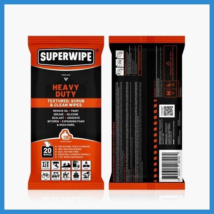 PROMO SUPERWIPE HEAVY DUTY TEXTURED, SCRUB & CLEAN WIPES 20`S. REMOVE OIL. PAINT. GREASE. SILICONE. 