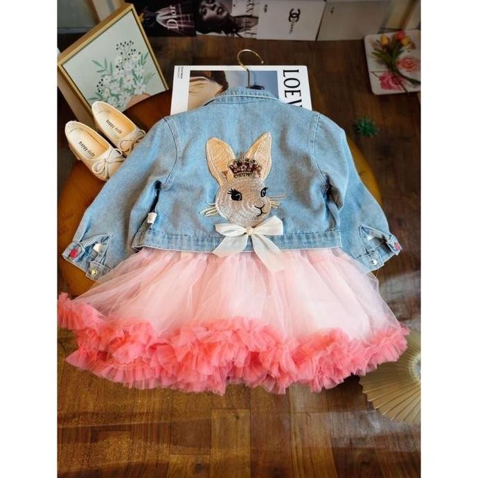 DE102 >> Setelan Dress Anak Perempuan Import Variasi Jaket Jeans Rabbit Bordir Punggung Shiffon Coll