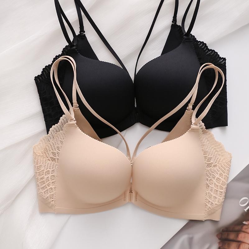 Set Bra Gesper Depan Tali Tipis Ganda untuk Dada Kecil, Meningkatkan Dada Rata, Bra Push-Up
