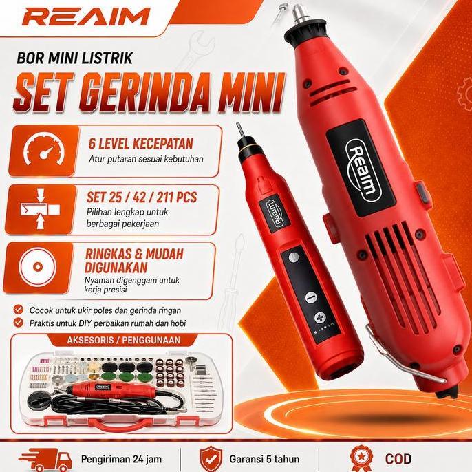 Barkajule_ - Reaim Mini Drill Grinder Set 12V Dc 15000Rpm Bor Listrik Mini Grinder 211Pcs Rotary Too