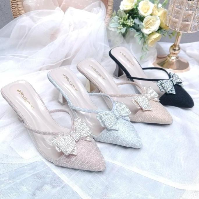 New - Purple Shoes - Lizzy Sandal Slop Wanita Pesta High Heels Hak Lancip 7 Cm Silver Salem Hitam Go