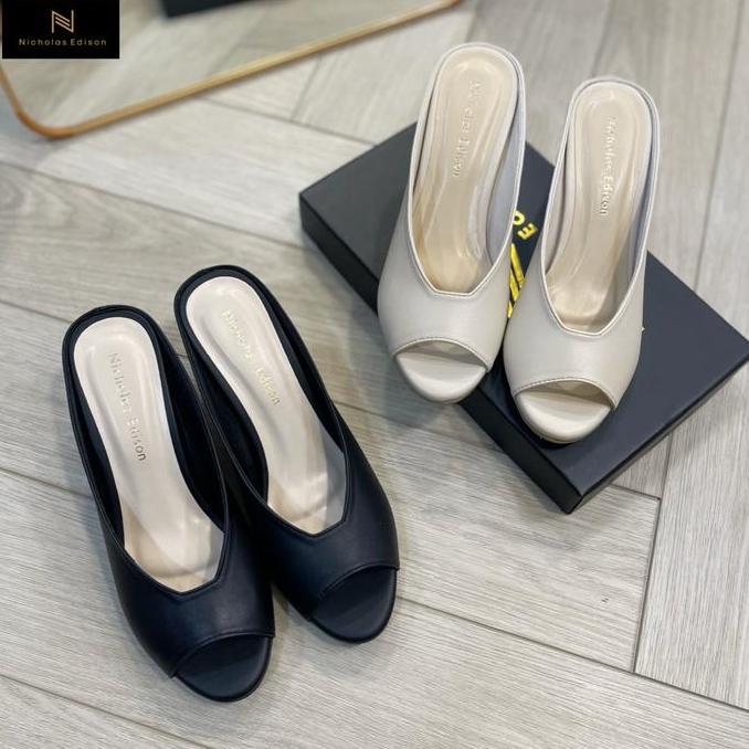 New - Nicholas Edison Heels Fabia Block Heels Garis Slip On Nyaman