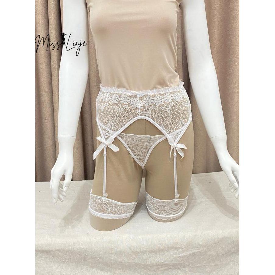 MissLinje Baju Dinas Wanita Sexy Brenda Set Stocking Stoking Garter Belt G String Seksi Renda Polos 