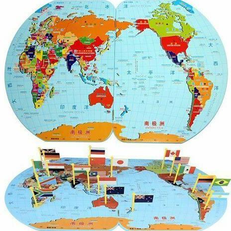[vy] Mainan Peta Dunia Kayu Tebal dengan 36 Bendera Negara dari Plastik untuk Anak Edukasi dan Perma