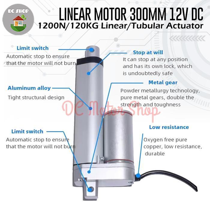 Linear Motor 300Mm 12V Dc 5Mm/S 1200N / 120Kg Linear/ Tubular Actuator Original Dan Terpercaya