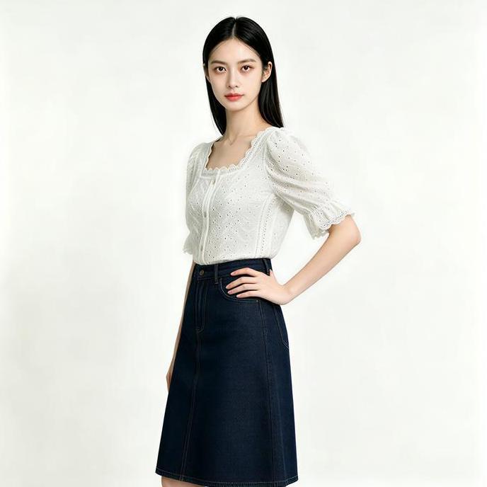 Blouse Wanita Putih Lengan Pendek Puff Sleeve Princess Sleeve Square Neck Lace Renda Elegan Atasan C