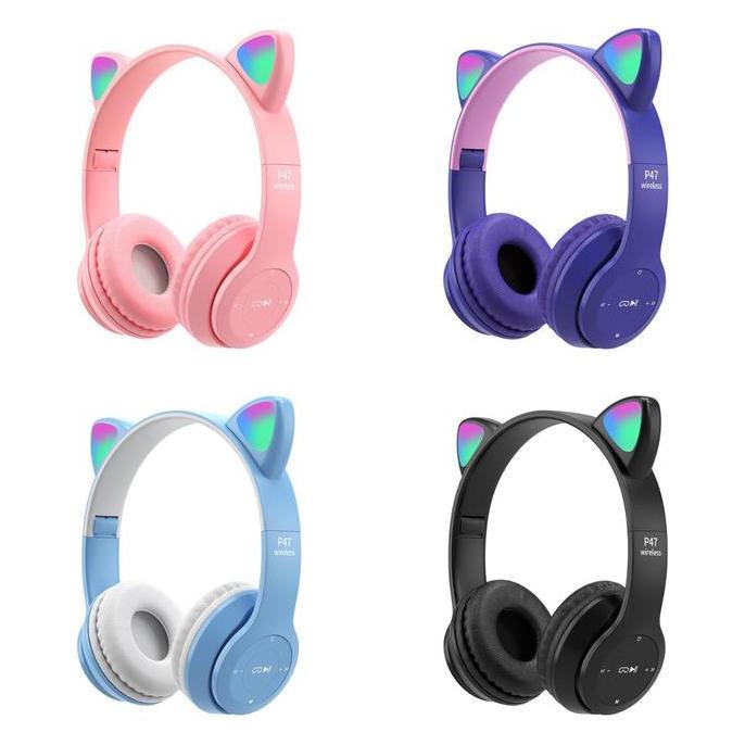 [terlaris] Headphone Bluetooth P47M Gaming Wireless Earphone Kucing dengan Lampu LED RGB Headset Pon