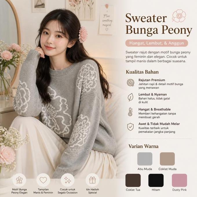LIORA - Peony Flower Knit Sweater | Sweater Rajut Premium Tebal Motif Bunga